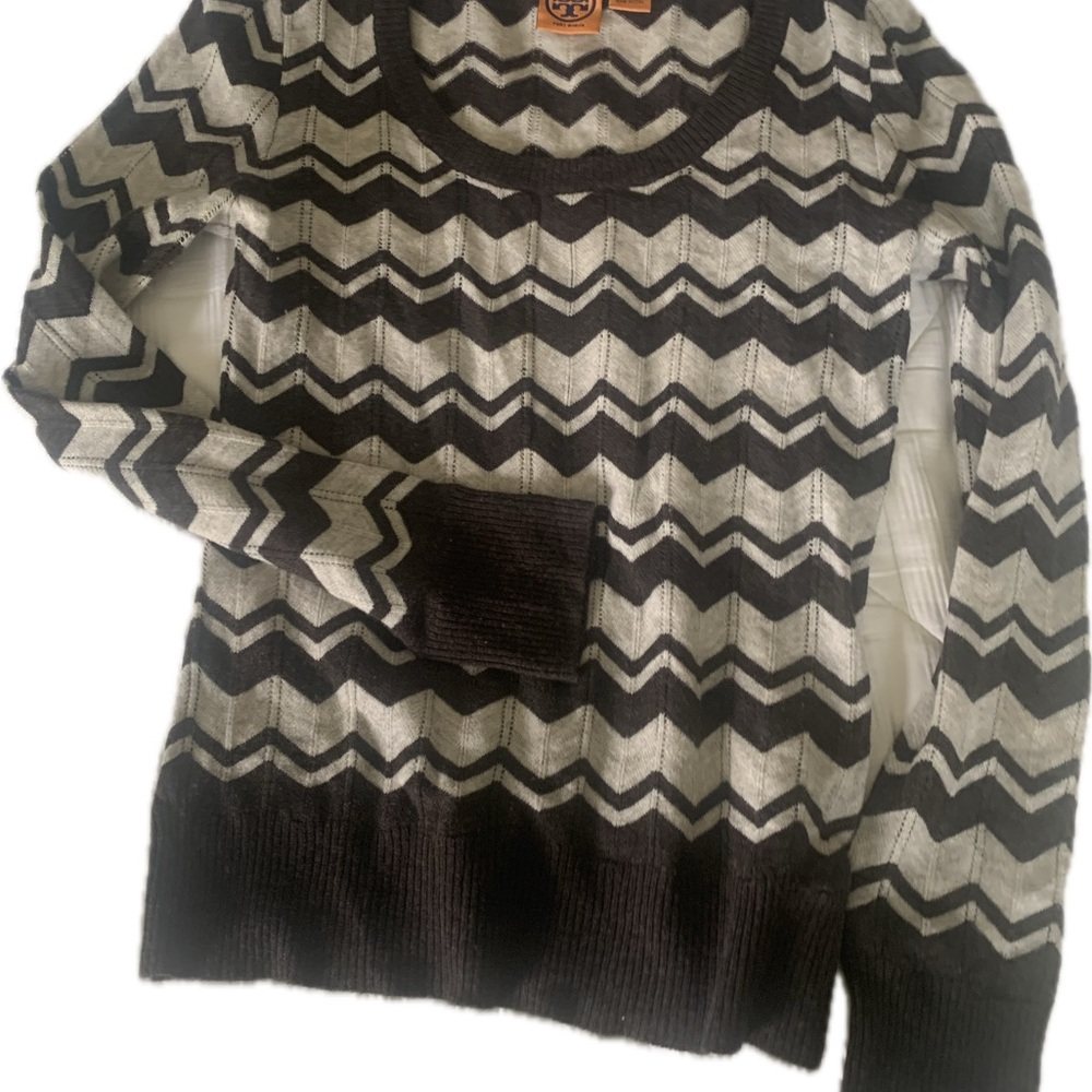 Tory Burch Black and Cream Chevron Wool Sweater